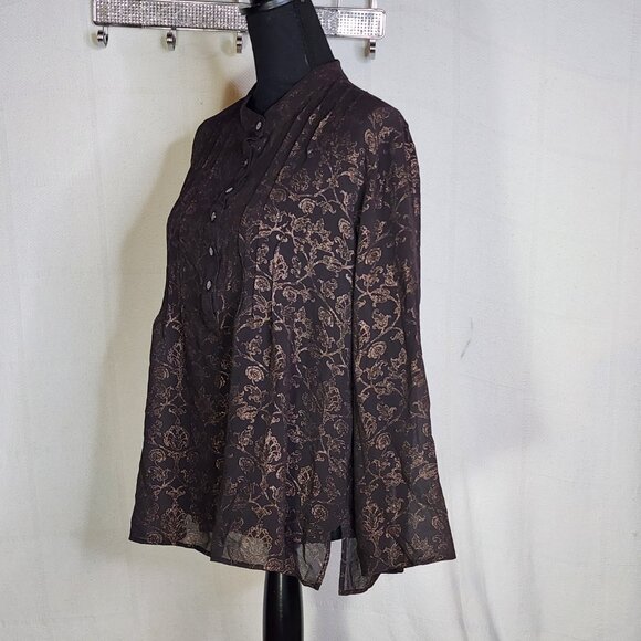 Chico's Dark Brown Gold Silk Foil Sheer Floral Print LS Blouse Chico Sz 3 US XL - Picture 7 of 16